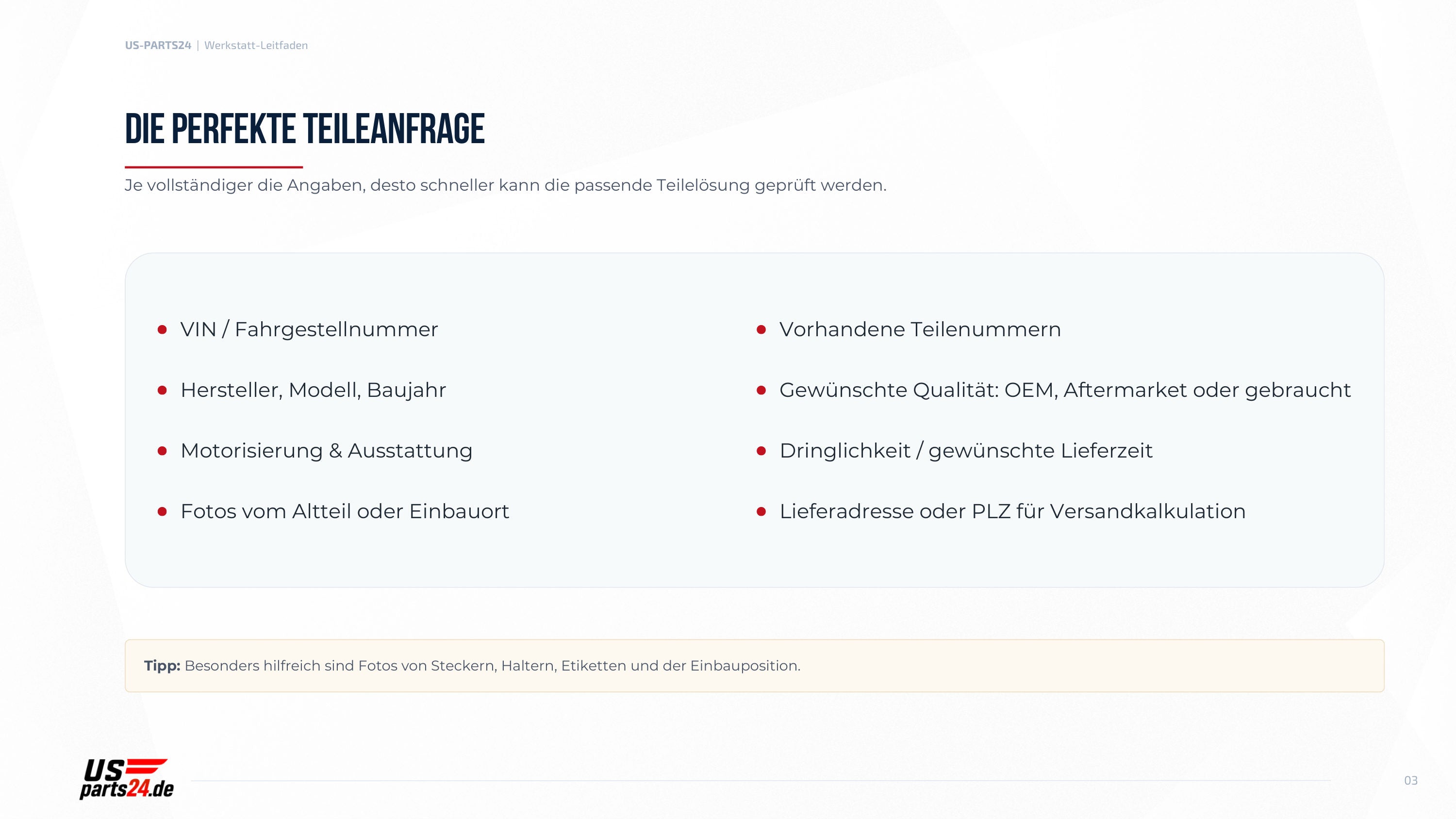 Die perfekte Teileanfrage – Checkliste mit VIN, Modell, Motor, Fotos und Teilenummern
