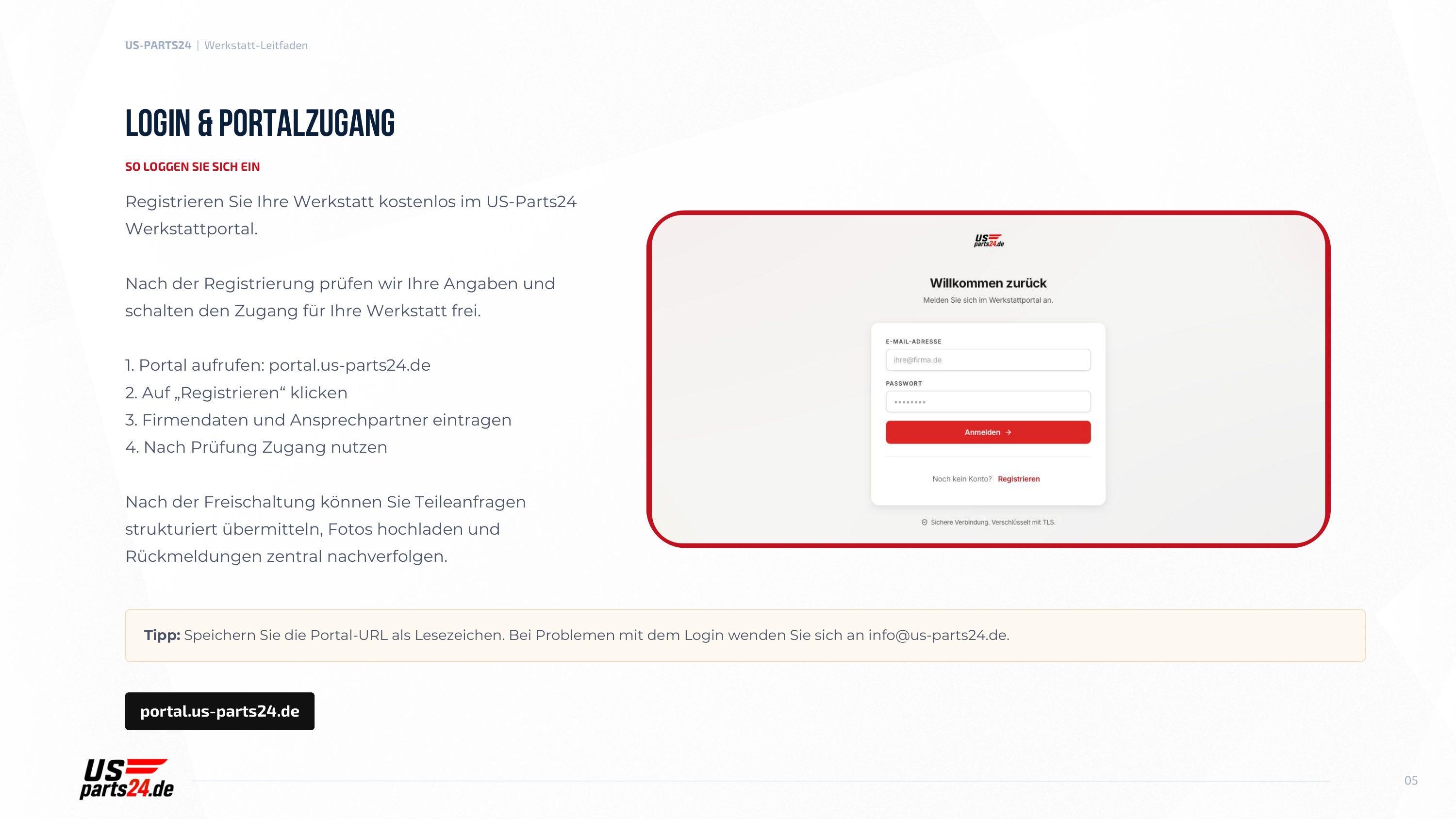 Login und Portalzugang – kostenlos im US-Parts24 Werkstattportal registrieren