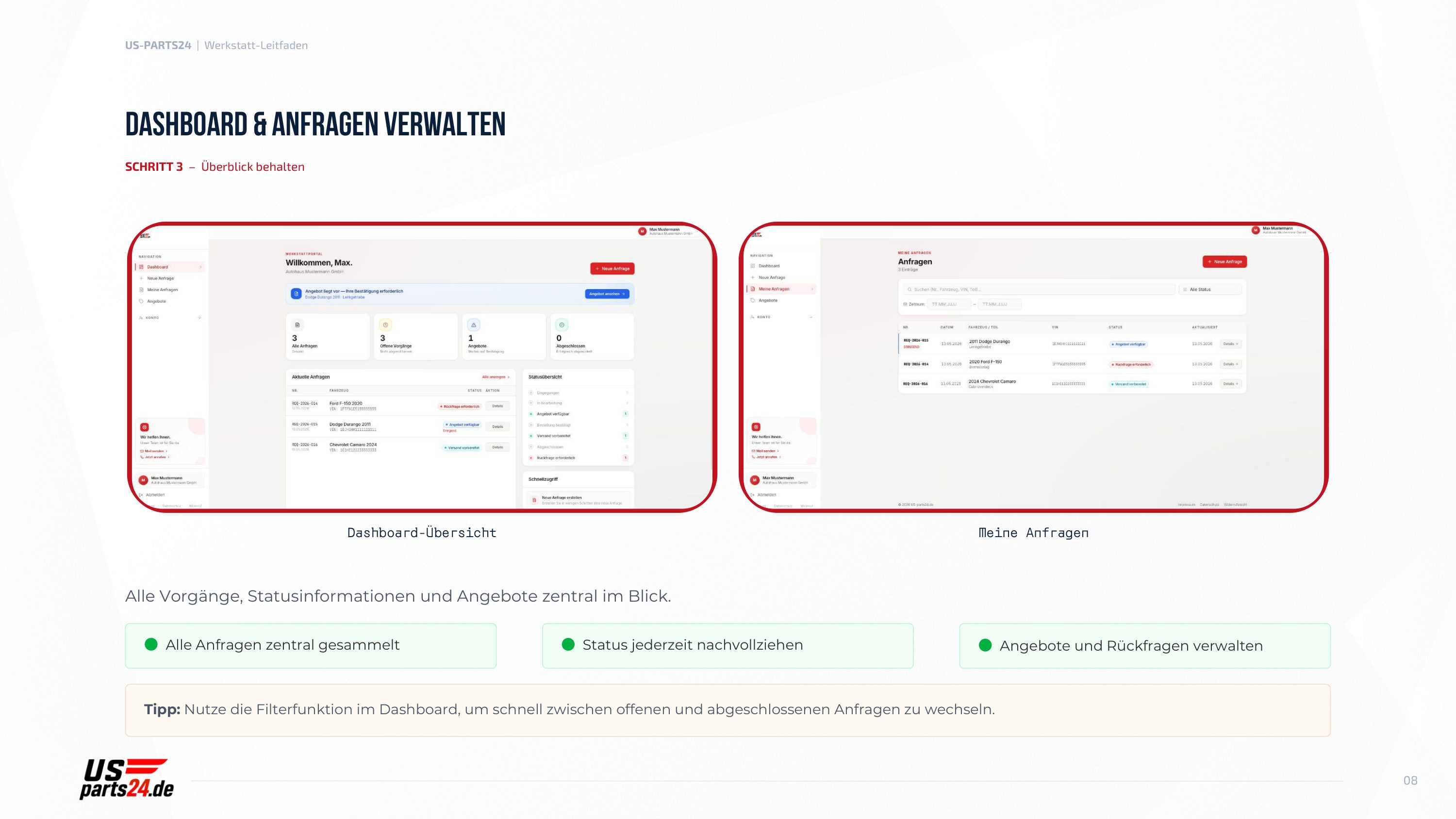 Schritt 3 – Dashboard und Anfragen verwalten